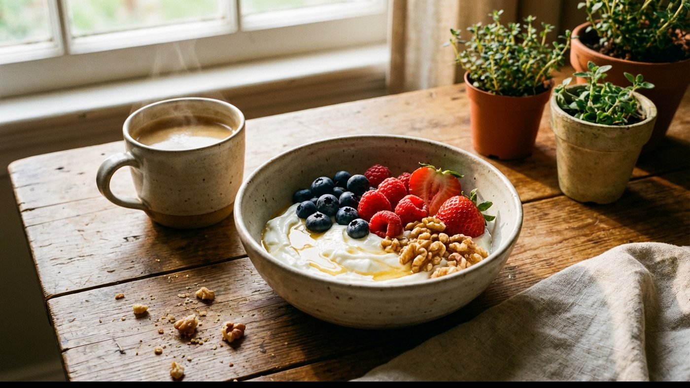 Frühstück aus dem Ernährungsteil von remivida.de: eine Schale Joghurt mit Blaubeeren, Himbeeren, Erdbeeren und Walnüssen, daneben ein Kaffee, auf einem Holztisch am Fenster